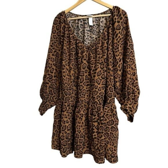 H&M Leopard Print Puff Sleeve V-NeckDrop Waist Dress Size Medium - Picture 2 of 12